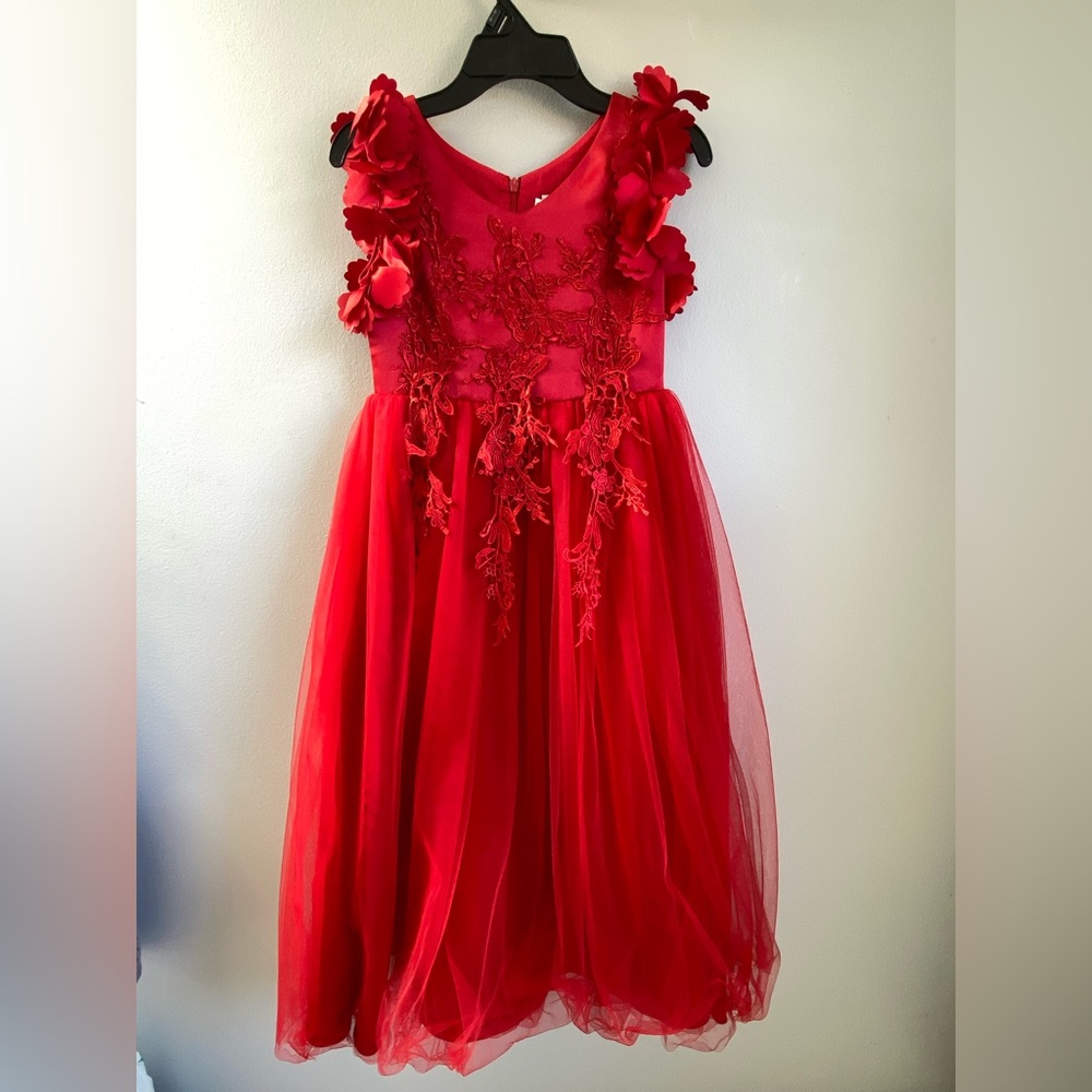Trish Scully Child Tulle Dress Girls Size 6 Red Bianca Cotton Lace Knee Length
